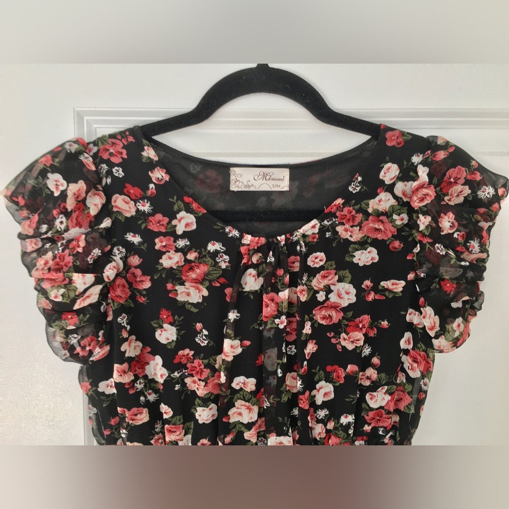 Floral Dress, Urban Behaviour, Size S, Black w/ Red & White Flowers, Sundress - Picture 2 of 9